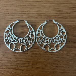Silver toned large 2 in Hoop & Star earrings Punk glam Rockstar partygirl goth